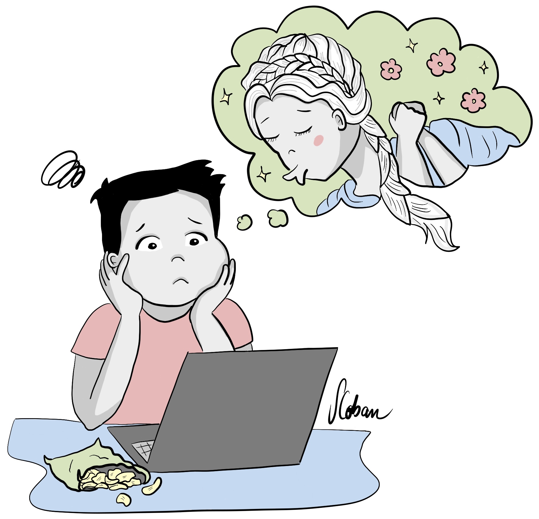 Student at laptop, distracted and daydreaming