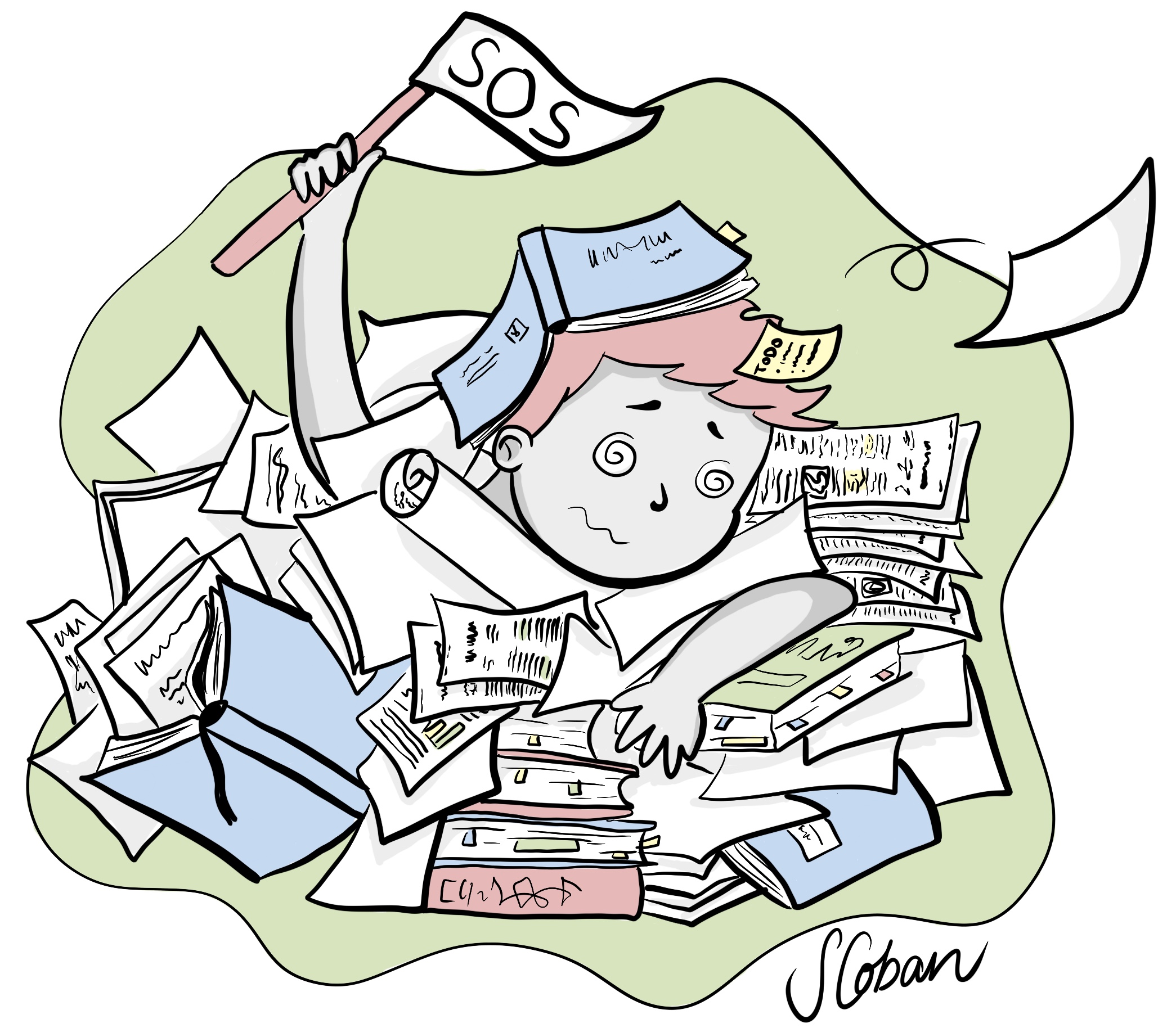 Student buried in papers, waving an SOS flag