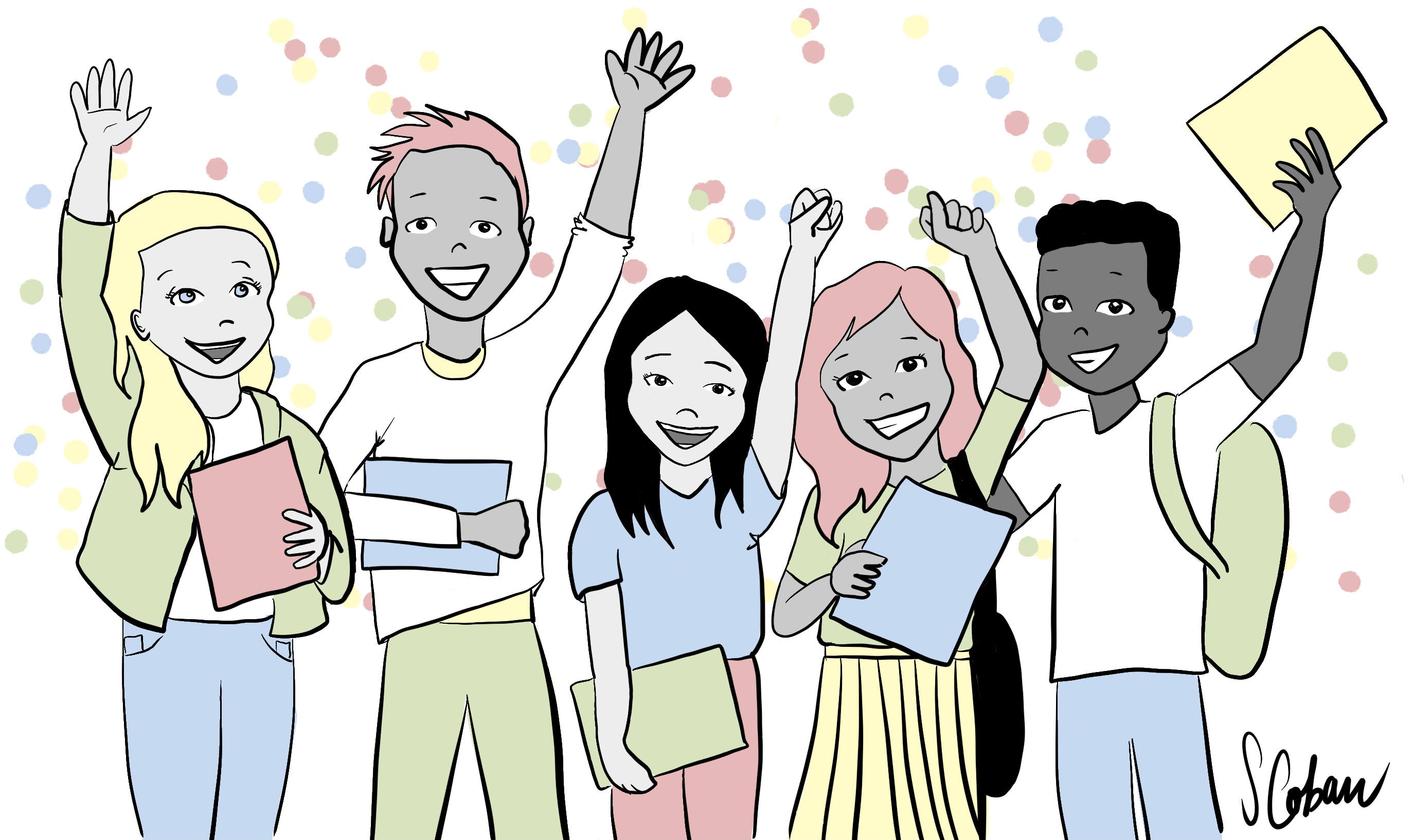 Students celebrating with confetti